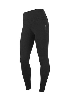Leggings negros con una cintura alta, un patrón texturizado con líneas horizontales y un bolsillo con cremallera en el costado para almacenamiento.