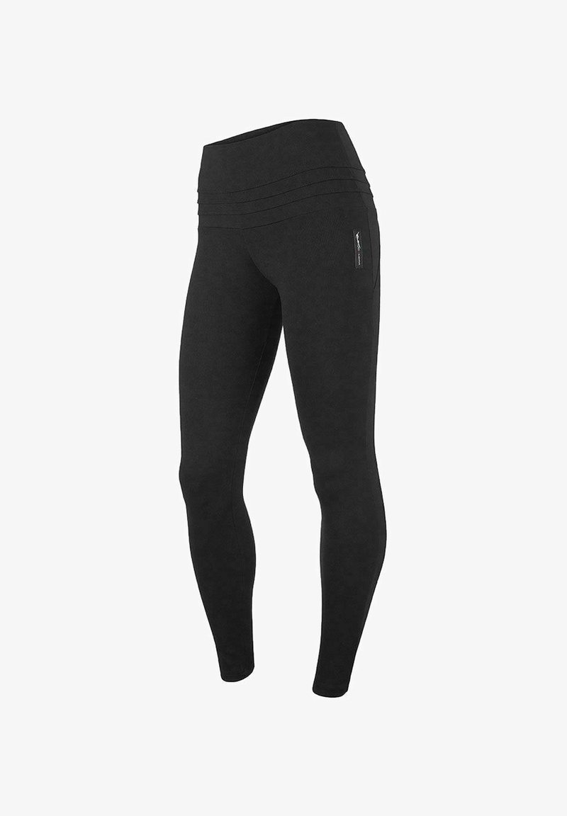 Leggings negros con una cintura alta, un patrón texturizado con líneas horizontales y un bolsillo con cremallera en el costado para almacenamiento.