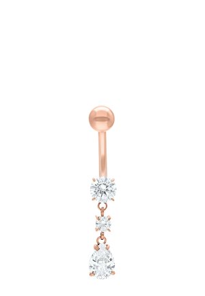 Roségold gebogener Barbell mit drei klaren Edelsteinen, darunter ein großer runder, ein kleinerer runder und ein tropfenförmiger Anhänger am unteren Ende.