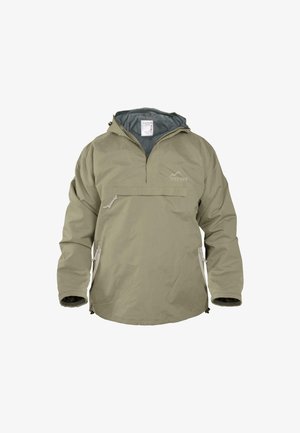 Leicht olivgrüner Pulloverjacke mit Kapuze, halbem Reißverschluss vorne, seitlichen Reißverschlüssen und einem Innenfutter in einem dunkleren Farbton.