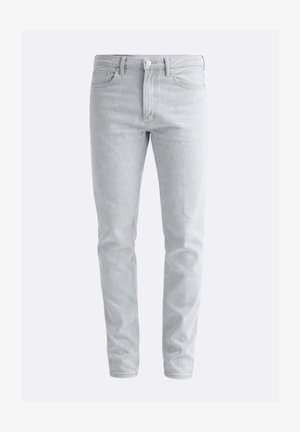 Jeans aderenti in denim grigio chiaro con chiusura frontale a bottoni e zip, tasche anteriori e posteriori, mostrati su uno sfondo bianco semplice.