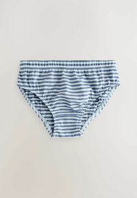 Bas de bikini rayé bleu et blanc avec ceinture élastique ; tissu doux, forme arrondie et coutures latérales froncées.