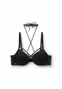 Soutien-gorge en dentelle noire avec armatures, doté de bretelles ajustables et d'un dos décoratif avec un motif en X. Cups lisses et motif complexe.