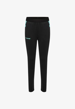 Zwarte sportbroek gemaakt van zacht, rekbaar materiaal. Heeft een strakke pasvorm, een elastische tailleband en turquoise logo-accenten.