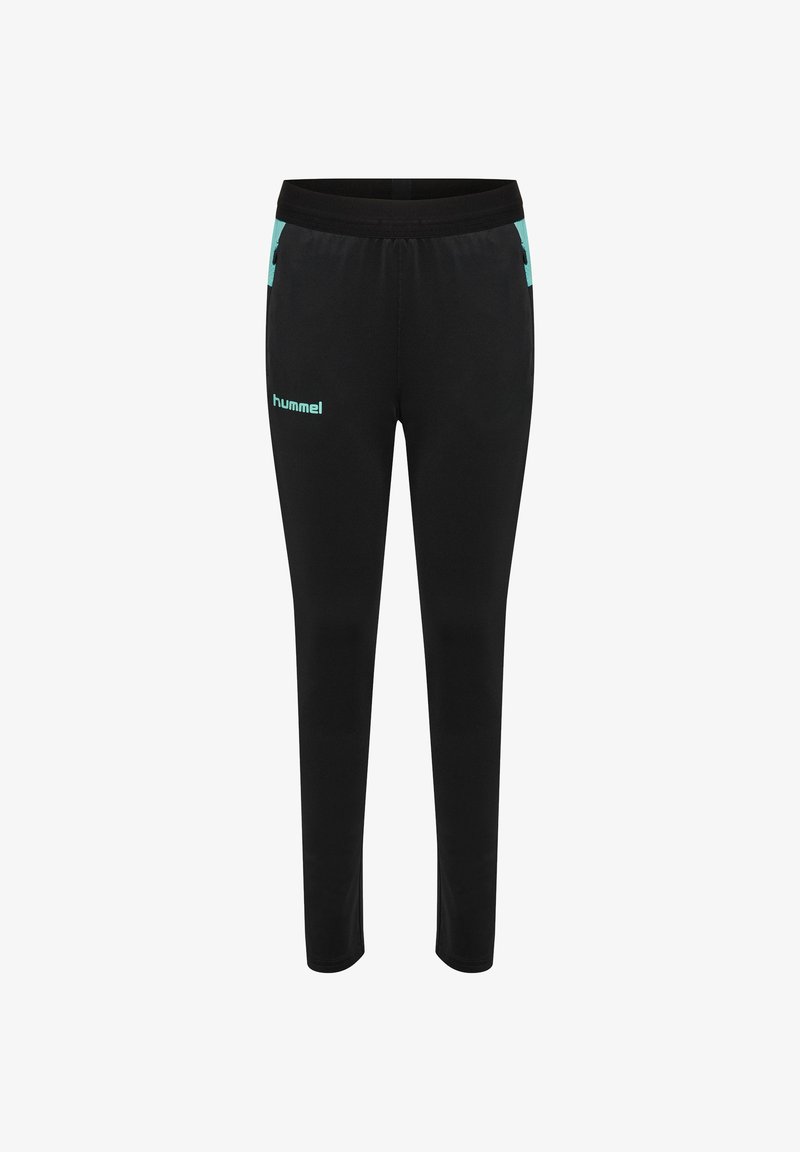 Pantaloni sportivi neri realizzati in materiale morbido ed elastico. Presentano un design aderente, una cintura elastica e dettagli con logo turchese.