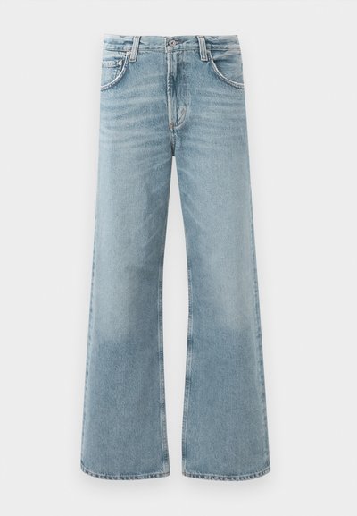 Light blue wide-leg jeans made from denim. Features a high waist, five pockets, and subtle fading throughout the fabric.