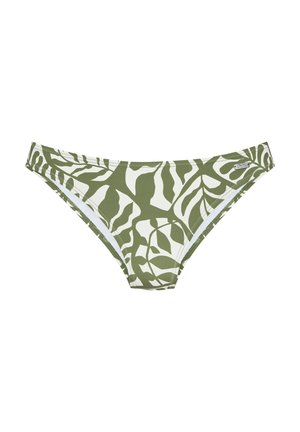 Damen-Bikinihose mit olivgrünem und weißem abstraktem Blattmuster, mittelhoher Schnitt und kleinem silbernem Markenzeichen auf der rechten Seite.