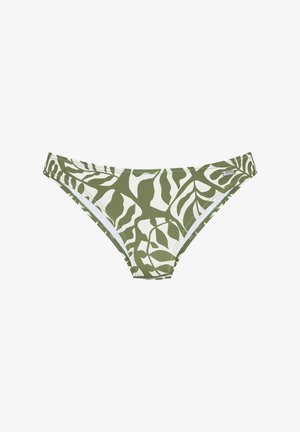 Slip bikini da donna con motivo di foglie astratte in verde oliva e bianco, taglio a vita media e piccolo marchio argentato sul lato destro.