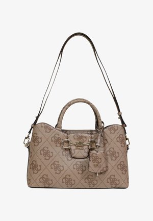 Beige patterned handbag with dark brown repeated logo, dual handles, detachable long strap, and front buckle detail with brand tag.