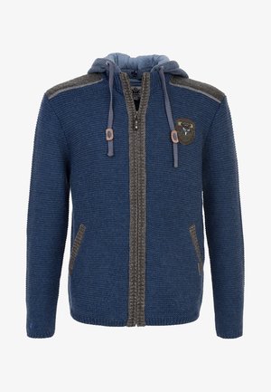 Zippered hoodie in blue textured knit with gray accents. Features front pockets and a logo patch on the chest. Drawstring hood included.