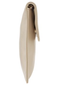Beige leather clutch with a sleek, rectangular shape and a smooth texture. Features a single metallic clasp on top.