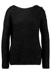 Svart stickad tröja med bred omlottringning, långa ärmar, ribbad struktur och fyra dekorerande knappar på vänster axel.