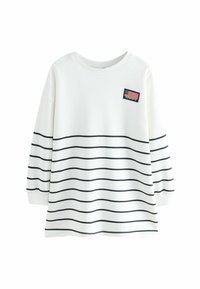 Bijela podugačka majica s dugim rukavima i crnim horizontalnim prugama, izrađena od teksturirane tkanine, s malim crvenim i plavim aplikacijom s logom "SUPERDRY".