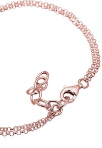 Rózsaarany színű lánc nyaklánc, összekapcsolt, sima, kerek szemekkel és rákkapcsos záródással. Texturált, rétegezett lánc kialakítás.