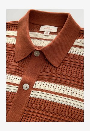 Brown knitted polo shirt with white striped patterns, featuring a buttoned placket, ribbed collar, and textured fabric design.