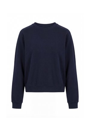 Marineblauer Sweatshirt mit Rundhalsausschnitt, langen Ärmeln sowie gerippten Bündchen und Saum, schlichtes Design, auf weißem Hintergrund dargestellt.