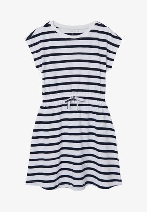 Striped dress featuring navy and white horizontal stripes, short sleeves, a round neckline, and an elasticized waist tie for adjustable fit.