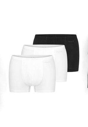 Trois boxers en coton pour hommes en noir et blanc, disposés en rangée décalée avec deux paires blanches devant et une paire noire derrière.