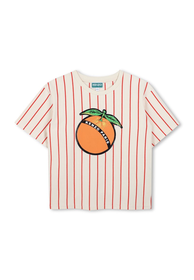 T-shirt bianca a maniche corte con strisce verticali rosse. La grafica centrale presenta un'arancia con foglie verdi e il testo "KENZO PARIS".