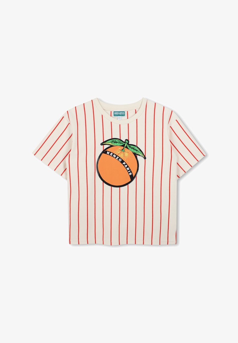 T-shirt bianca a maniche corte con strisce verticali rosse. La grafica centrale presenta un'arancia con foglie verdi e il testo "KENZO PARIS".