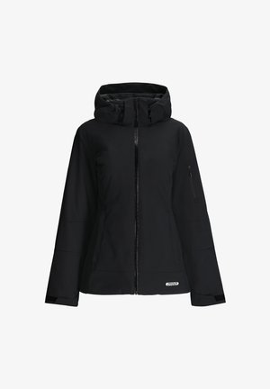 Veste à capuche noire avec une fermeture éclair sur le devant, des poches latérales et poitrine, et des poignets ajustables. Fabriquée dans un tissu lisse et texturé.