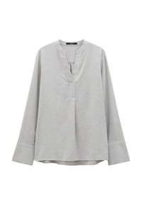 Chemise à manches longues gris clair avec un col en V, un devant à patte et une coupe décontractée. Fabriquée dans un tissu texturé avec un motif subtil.