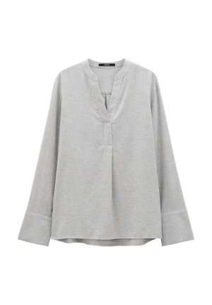 Lichtgrijze lange mouwen shirt met een V-hals, tab voor en een relaxte pasvorm. Gemaakt van een gestructureerde stof met een subtiel patroon.