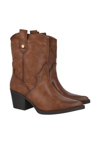 Botas de vaquero de cuero marrón con punta afilada, tacón de bloque, costuras intrincadas y lengüetas en el caña. Acabado texturizado.