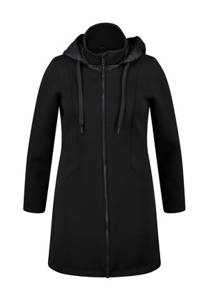 Veste noire à manches longues avec capuche, fermeture éclair frontale, cordon de serrage à la capuche et poches latérales, conçue pour une coupe ajustée.