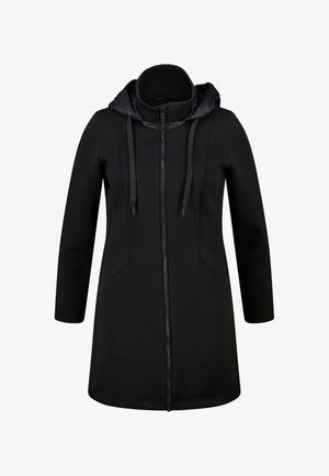 Zwarte lange mouw hooded jas met een ritssluiting aan de voorkant, trekkoord in de kap en steekzakken aan de zijkant, ontworpen voor een slanke pasvorm.