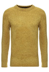 Musztardowożółty sweter dziany z teksturowanym wzorem, z okrągłym dekoltem i długimi rękawami, wyposażony w prążkowane mankiety i dół.