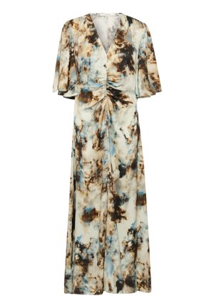 Maksimek v tekoči tkanini s sivim vzorcem, ki združuje rjave, modre in smetane barve. V-izrez in odprti rokavi.