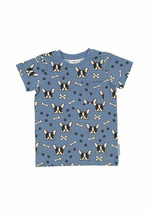 Blå bomulds t-shirt med et legende print af hundeansigtter, knogler og poteaftryk. Har en lille brystlomme og korte ærmer.