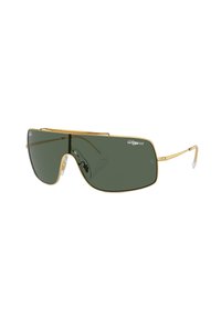Occhiali da sole in metallo dorato con grandi lenti verde scuro, caratterizzati da un design distintivo con barra superiore e una forma slanciata e angolare. Punta delle tempie trasparente.