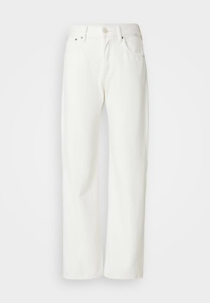 Hvide denimbukser med lige ben-design, der har en knap- og lynlåslukning, bæltestropper og forlommer. Glat tekstur og klassisk snit.