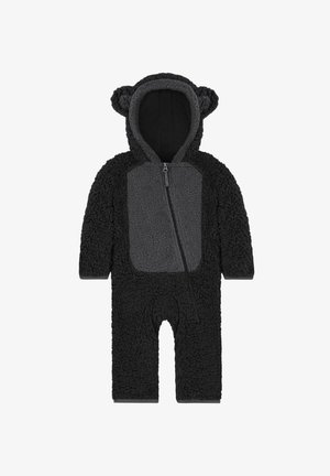 Schwarzer Fleece-Overall mit einem strukturierten Bärendesign, ausgestattet mit einem einfarbigen grauen Frontpanel, Reißverschluss und einer passenden Kapuze mit Ohren.