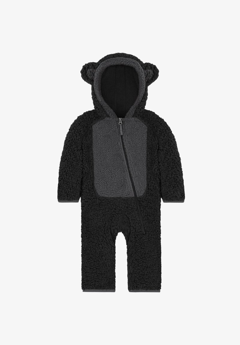 Schwarzer Fleece-Overall mit einem strukturierten Bärendesign, ausgestattet mit einem einfarbigen grauen Frontpanel, Reißverschluss und einer passenden Kapuze mit Ohren.