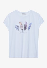 White short-sleeve T-shirt featuring a graphic of colorful feathers and the text "life is beautiful" in a soft, cursive font.