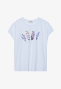 Camiseta blanca de manga corta con un gráfico de plumas coloridas y el texto "la vida es hermosa" en una suave fuente cursiva.