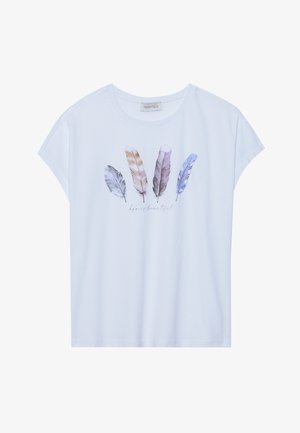 Fehér, rövid ujjú póló, színes tollakat ábrázoló grafikával és a "az élet gyönyörű" felirattal, lágy, dőlt betűtípussal.