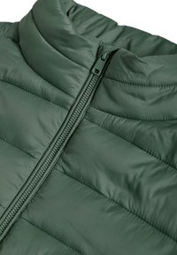 Chaqueta verde acolchada con un alto cuello, que presenta una cremallera central y una textura de tela suave y brillante. Se aprecian detalles de acolchado horizontal.