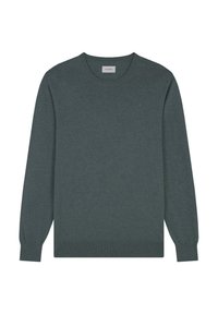Pull en maille de couleur vert foncé avec un col rond, des manches longues et des poignets et un ourlet côtelés. Présente un petit logo sur la poitrine. Texture douce.