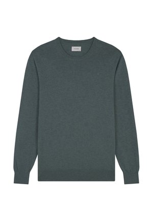 Tmavě zelený pletený svetr s kulatým výstřihem, dlouhými rukávy a žebrovanými manžetami a lemem. Na hrudi má malé logo. Měkká textura.