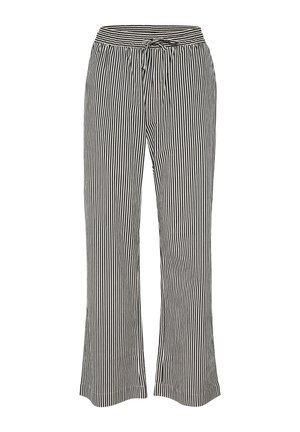 Čierno-biele pruhované nohavice s elastickým pásom, voľný strih a rozšírené nohy. Vyrobené z ľahkej tkaniny s hladkým povrchom.