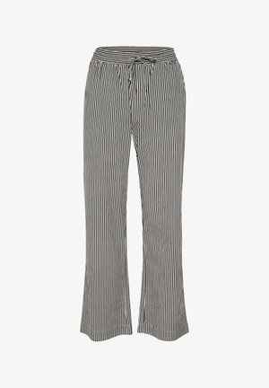 Mustriga must-valge sirge lõikega püksid, millel on nööriga vöökoht, laiad sääred ja voolav istuvus. Valmistatud kergetest kangast, millel on sile tekstuur.