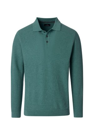 Langärmliges Poloshirt in Petrol mit strukturierter Strickoptik, gerippten Bündchen und Saum sowie einem Zwei-Knopf-Kragen.