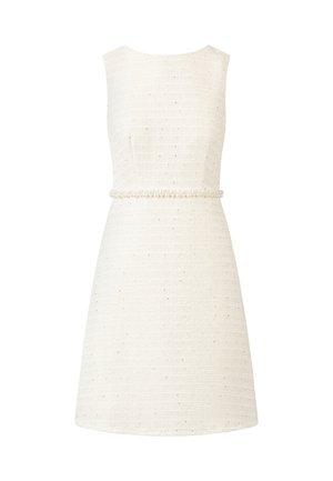 White sleeveless dress with a textured fabric, featuring a pearl detail belt at the waist and subtle shimmer throughout the fabric.