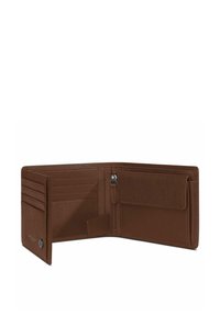 Billetera bifold de cuero marrón abierta, mostrando múltiples ranuras para tarjetas, un bolsillo con cremallera para monedas y un compartimento con solapa.