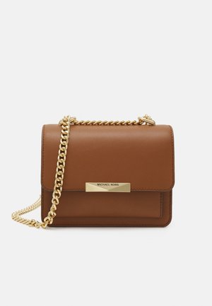 Brown leather crossbody bag with gold chain strap and rectangular gold clasp engraved with brand name.