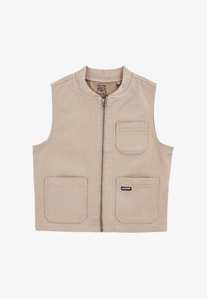 Bež prsluk bez rukava od izdržljive tkanine, s prednjim zatvaračem, dva prednja džepa i okruglim izrezom s ušivenim detaljima.